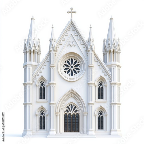 Elaborate cathedral-style church with flying buttresses and rose window in classic Gothic design isolated on white background 