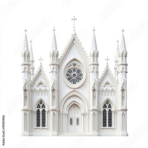 Elaborate cathedral-style church with flying buttresses and rose window in classic Gothic design isolated on white background 