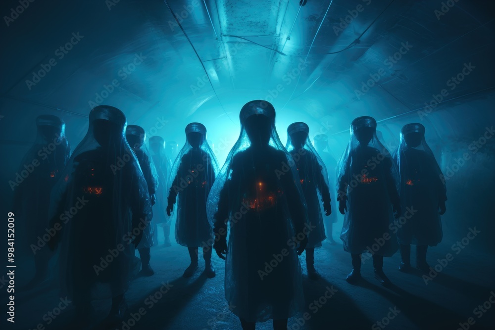 A group of people wearing dark blue , with glowing red symbols on their backs and faces, facing the camera in an underground tunnel surrounded by shadows. A group of people wearing dark blue , with glowing red symbols on their backs and faces, facing the camera in an underground tunnel surrounded by shadows.