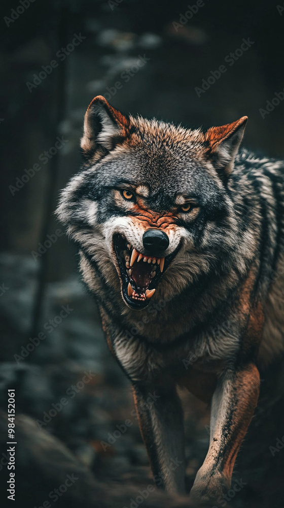 Obraz premium Wolf an iconic apex predator, embodies both grace and ferocity. With its sleek fur, keen senses, and haunting howl, the wolf roams the forests and plains in packs, displaying remarkable. 