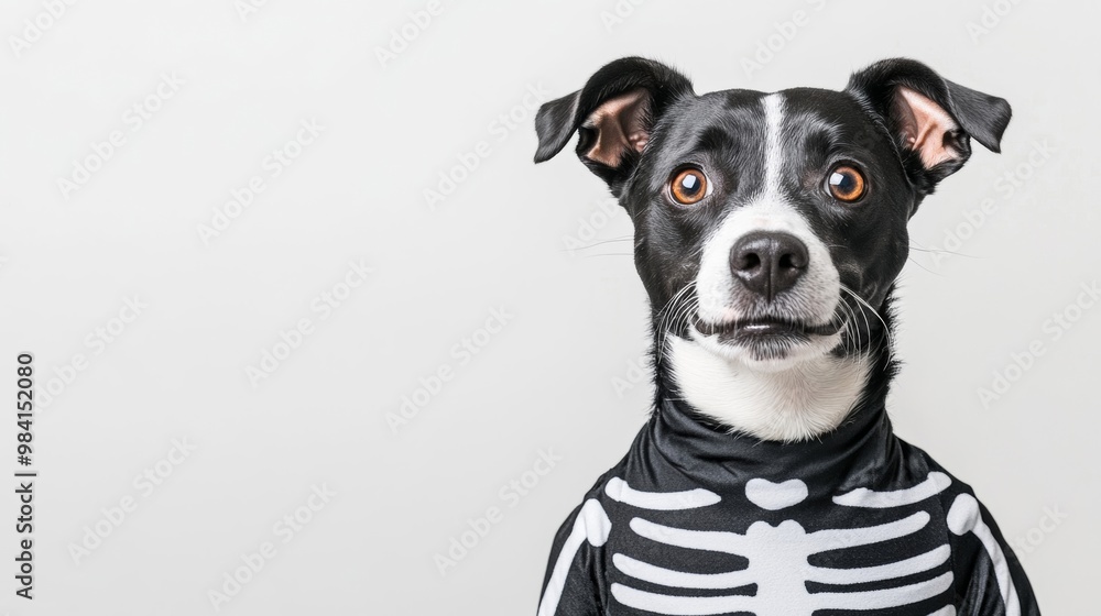 Energetic dog in skeleton costume, ears perked up, isolated on white background, detailed black and white bones pattern Energetic dog in skeleton costume, ears perked up, isolated on white background, detailed black and white bones pattern