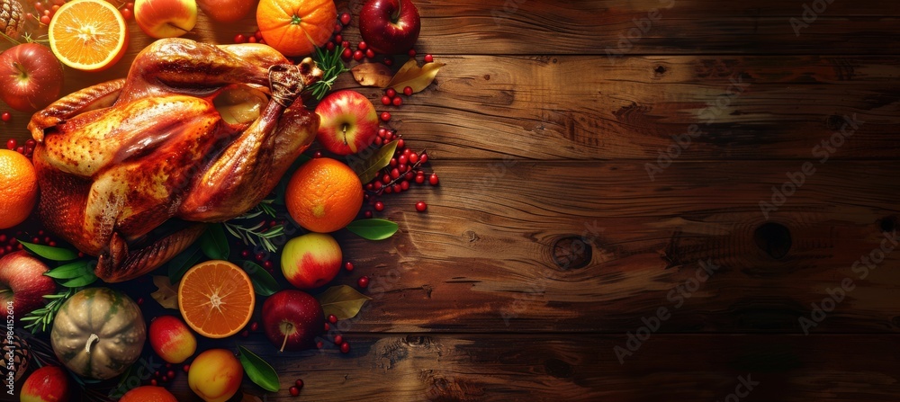 Naklejka premium Thanksgiving Feast Banner with Roasted Turkey and Seasonal Fruits on Rustic Wooden Background
