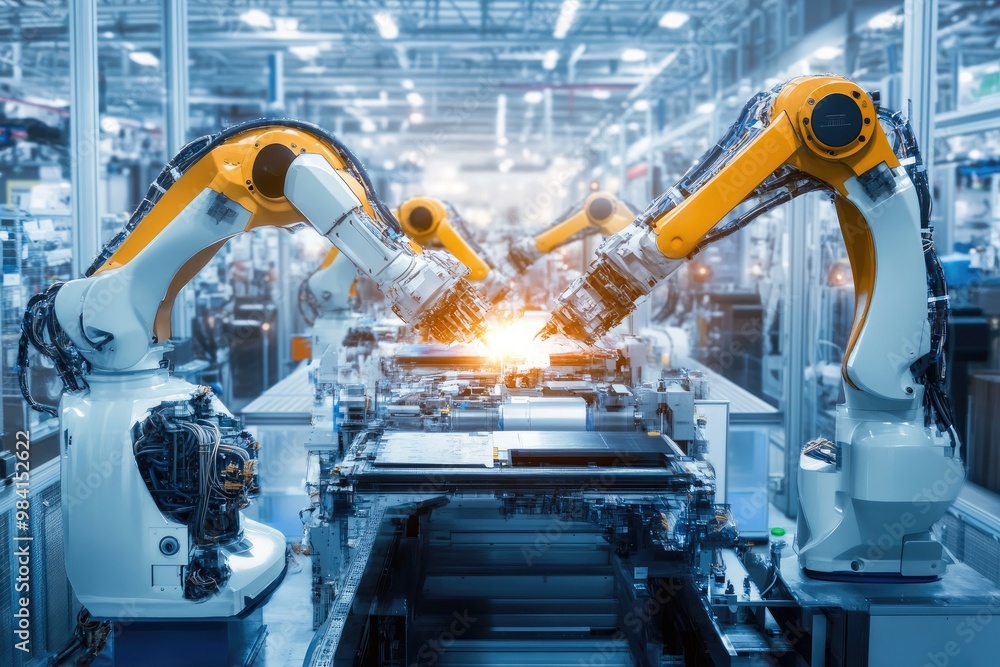 A high-tech industry plant featuring autonomous robots and AI systems driving production innovation A high-tech industry plant featuring autonomous robots and AI systems driving production innovation