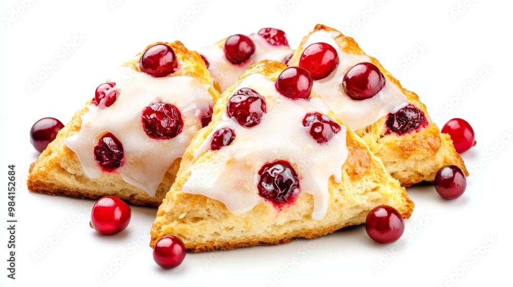 Freshly baked cranberry-orange scones with sugar glaze garnished with scattered fresh cranberries isolated on white background autumn brunch vibes Freshly baked cranberry-orange scones with sugar glaze garnished with scattered fresh cranberries isolated on white background autumn brunch vibes