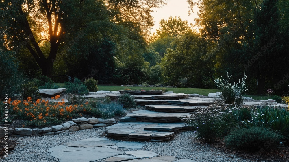 Secluded garden with stone paths and blooming flowers generated AI Secluded garden with stone paths and blooming flowers generated AI