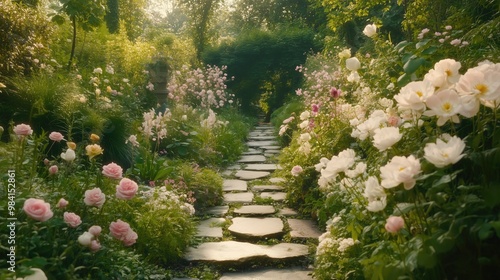 Fototapeta Naklejka Na Ścianę i Meble -  Secluded garden with stone paths and blooming flowers generated AI