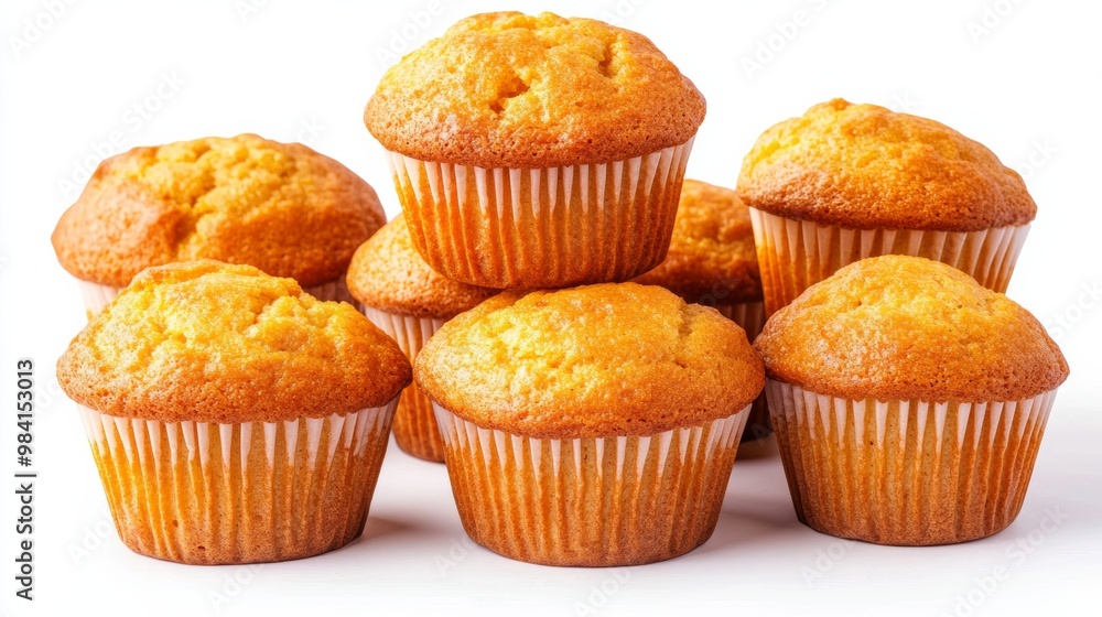 Golden brown cornbread muffins stacked neatly isolated on white background rustic autumn food with rich textures traditional fall flavors Golden brown cornbread muffins stacked neatly isolated on white background rustic autumn food with rich textures traditional fall flavors
