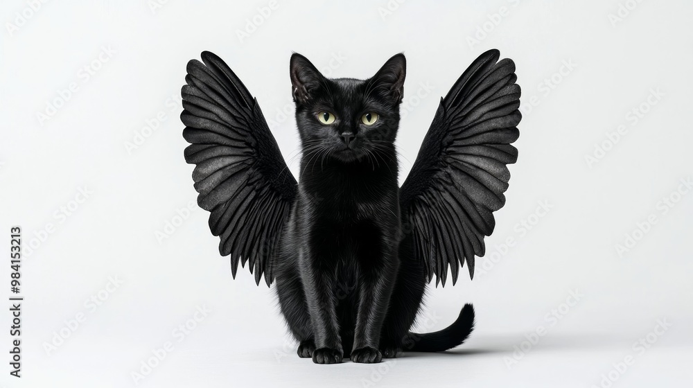 Fototapeta premium Gothic black cat with skeletal wings and a shadowy aura isolated on white background dark and mysterious concept for horror-themed projects 