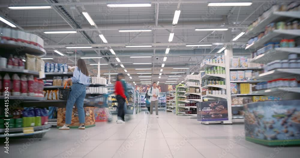 Families and Individuals from Various Backgrounds Shop Together in a Busy Supermarket. Customers Pick Up Canned Food and Packaged Goods while Comparing Prices. Time Lapse Footage Families and Individuals from Various Backgrounds Shop Together in a Busy Supermarket. Customers Pick Up Canned Food and Packaged Goods while Comparing Prices. Time Lapse Footage