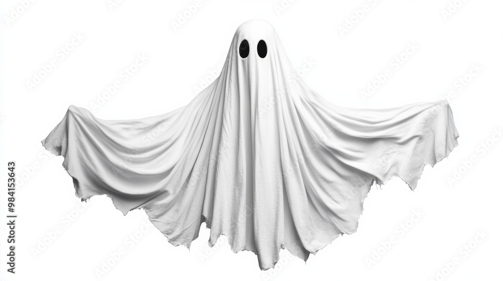 Haunted ghost sheet with ragged edges floating and wrinkled isolated on white background giving a spooky, ethereal vibe Haunted ghost sheet with ragged edges floating and wrinkled isolated on white background giving a spooky, ethereal vibe