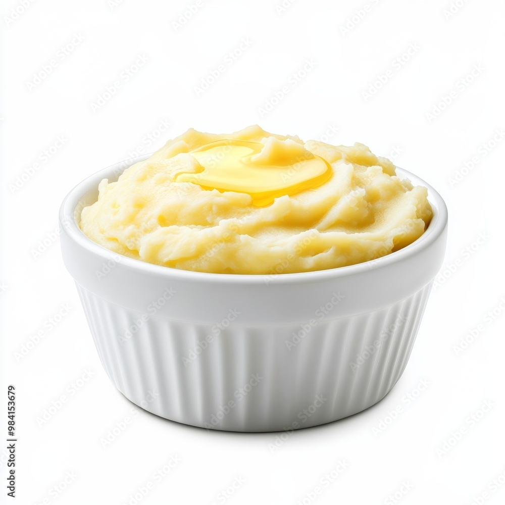 Hearty bowl of mashed potatoes topped with melting butter symbolizing Thanksgiving Day isolated on white background Hearty bowl of mashed potatoes topped with melting butter symbolizing Thanksgiving Day isolated on white background