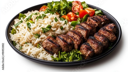 Iftar meal with rice, grilled meat, and salad isolated on a white background Hearty and wholesome dish prepared for breaking fast 