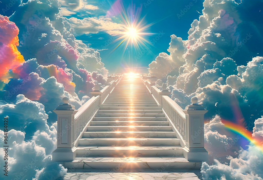 the dazzling white gates of heaven (paradise), to which a staircase rises into the sky, the road to the gates of paradise, the concept of spiritual growth and movement towards God