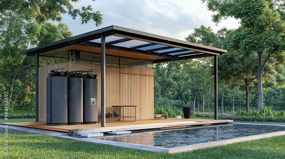 Modern Poolside Structure with Cylindrical Storage Units Modern Poolside Structure with Cylindrical Storage Units