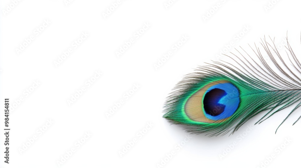Obraz premium Peacock feather with vibrant hues and Diwali greetings written in a delicate script isolated on white background elegant festive symbol 