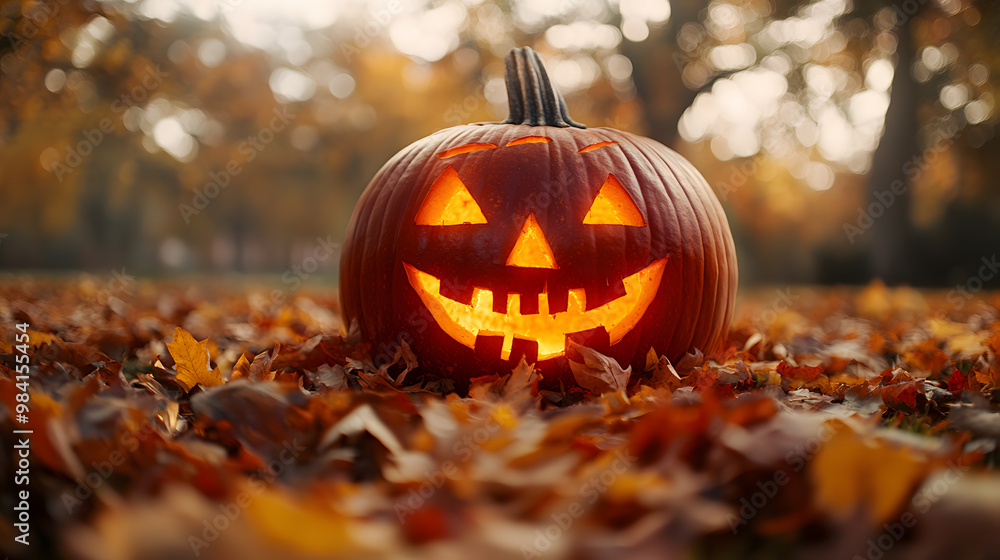 Giant Jack-o'-Lantern Surrounded by Autumn Leaves Giant Jack-o'-Lantern Surrounded by Autumn Leaves