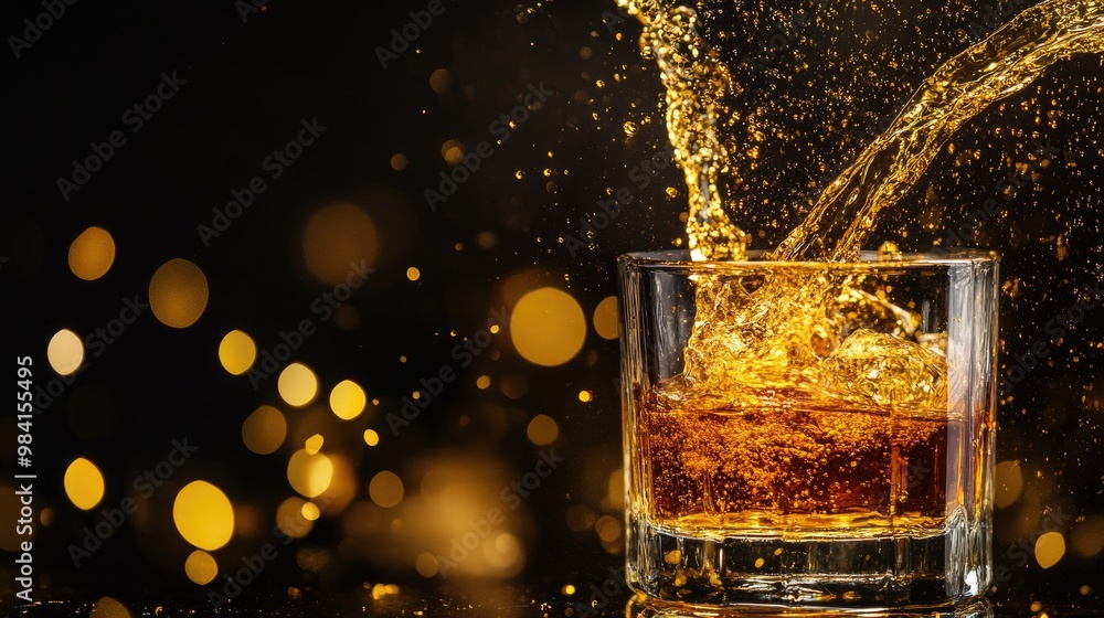 An artistic bourbon pour with golden liquid cascading into a glass, frozen mid-motion An artistic bourbon pour with golden liquid cascading into a glass, frozen mid-motion