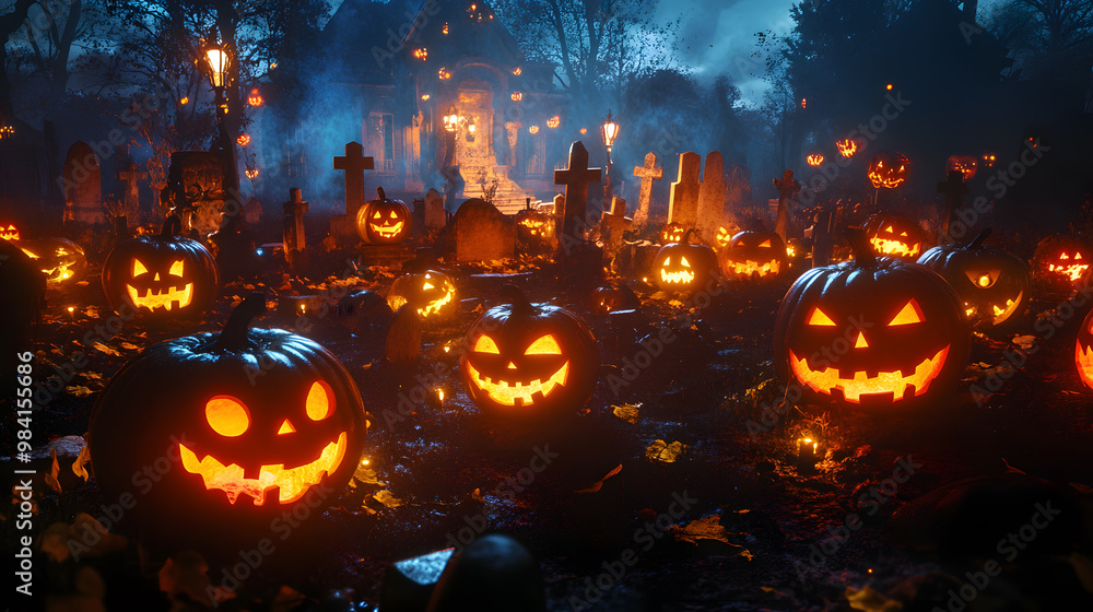 Fototapeta premium Group of Jack-o'-Lanterns in a Haunted Graveyard