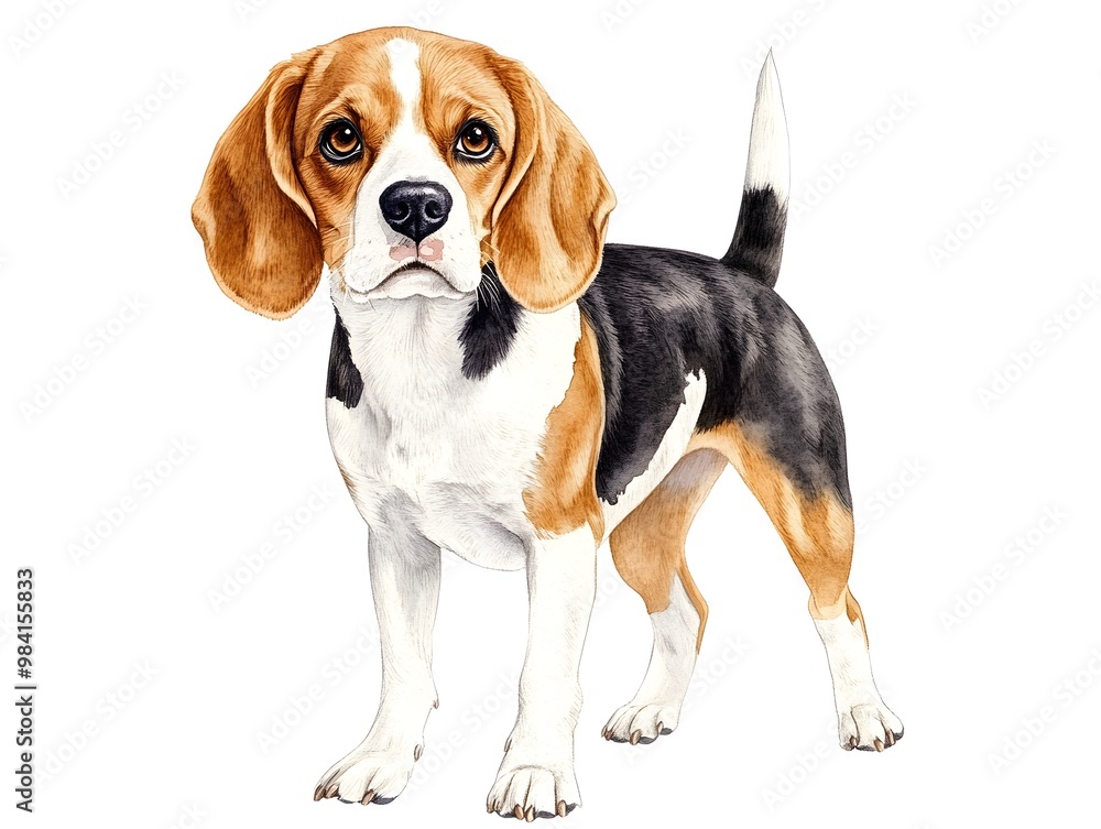 Illustrate a charming Beagle with soulful eyes in a detailed watercolor style, standing proudly on a white background Ensure the fur texture is vibrant and lifelike Illustrate a charming Beagle with soulful eyes in a detailed watercolor style, standing proudly on a white background Ensure the fur texture is vibrant and lifelike