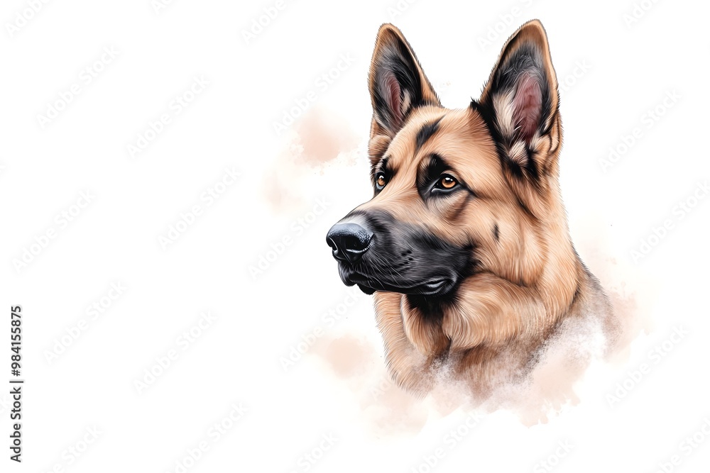Illustrate a detailed portrait of a majestic German Shepherd, showcasing its glossy coat and attentive eyes, set against a clean white backdrop Illustrate a detailed portrait of a majestic German Shepherd, showcasing its glossy coat and attentive eyes, set against a clean white backdrop