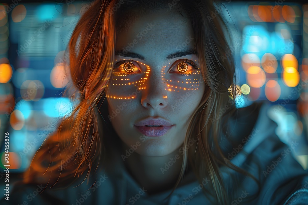 Futuristic Woman with Digital Eyes in High-Tech Environment Cybersecurity, AI, and Technology Trends Futuristic Woman with Digital Eyes in High-Tech Environment Cybersecurity, AI, and Technology Trends