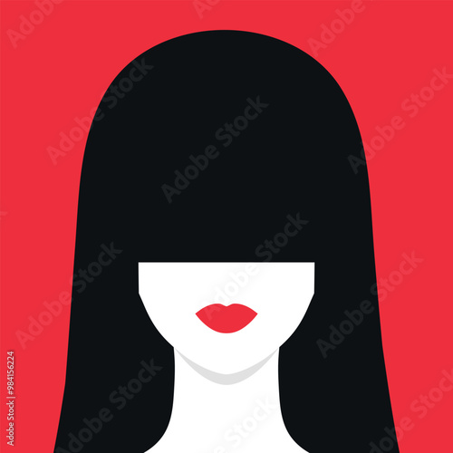 Abstract faceless woman portrait front view. Brunette female with long bangs covering her eyes. Red lips. Vector illustration