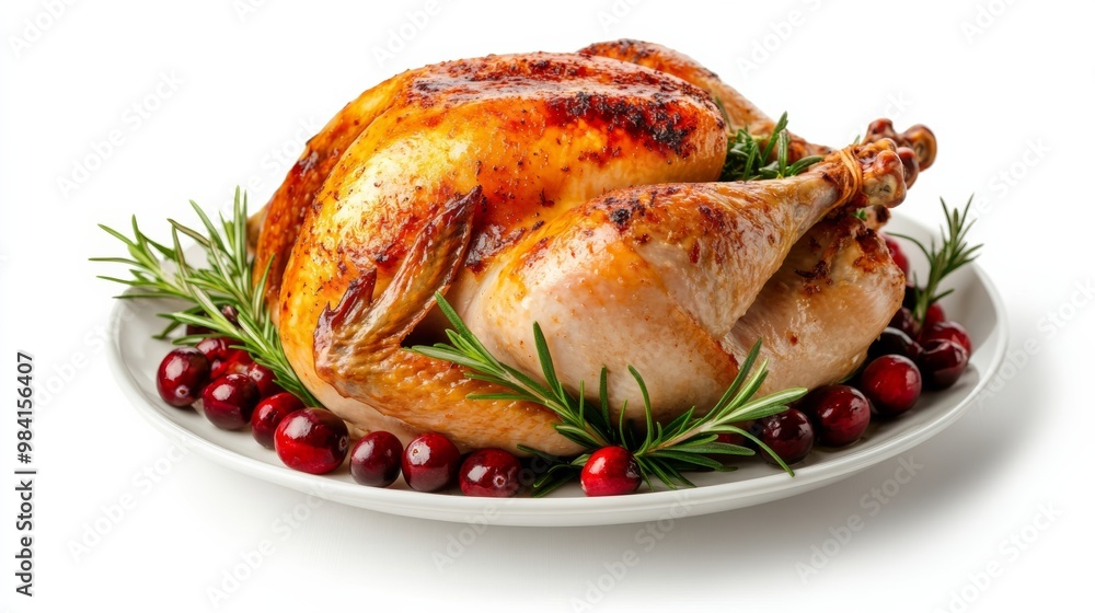 Roast turkey with crispy skin garnished with rosemary and cranberries isolated on a white background perfect for Thanksgiving celebrations Roast turkey with crispy skin garnished with rosemary and cranberries isolated on a white background perfect for Thanksgiving celebrations