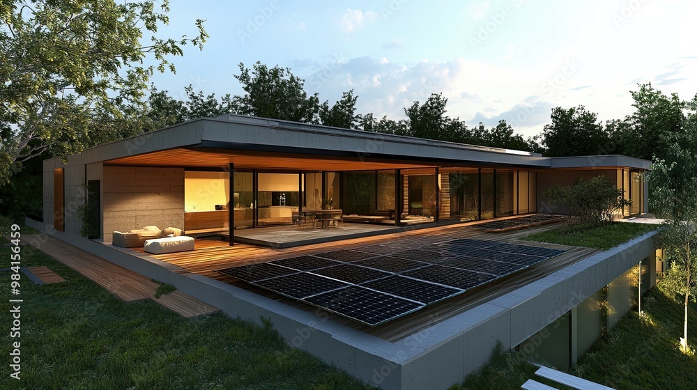 Obraz premium Modern House with Solar Panels and a Green Roof