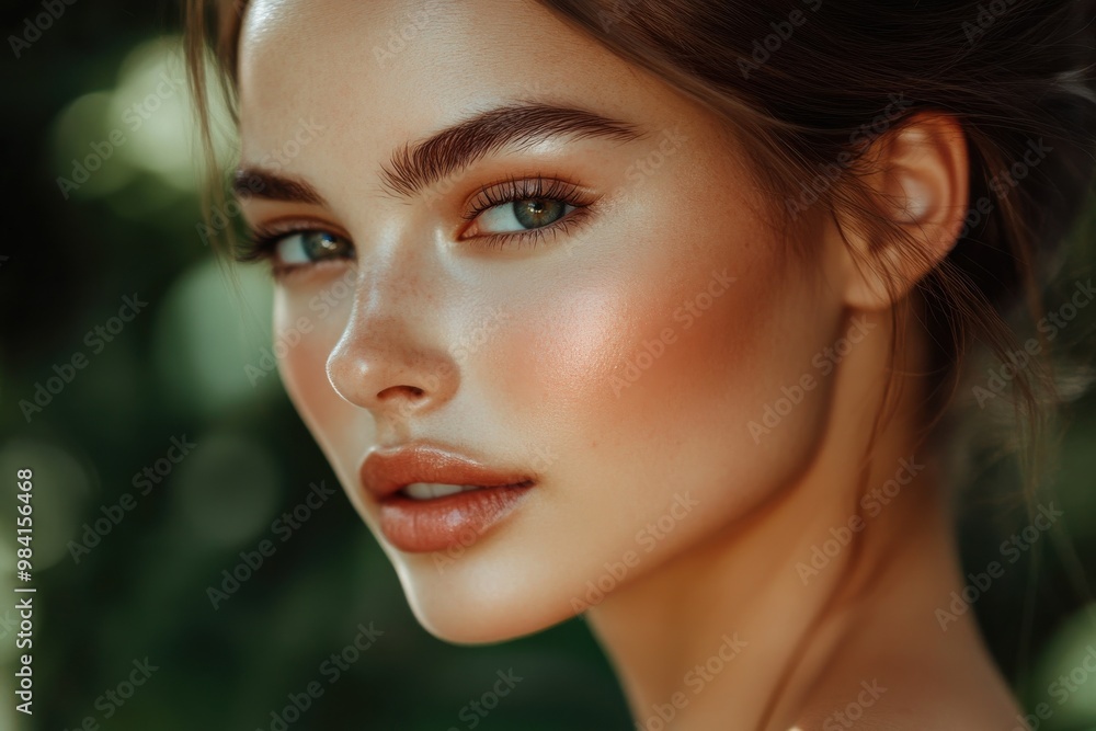 A woman with glowing skin, her hair pulled back, looking confidently to the side A woman with glowing skin, her hair pulled back, looking confidently to the side