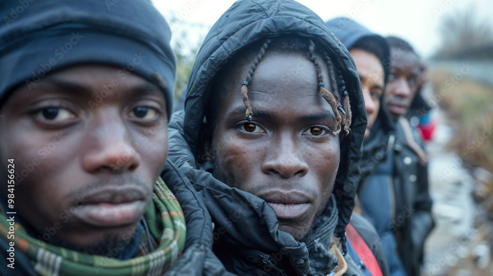 Close-up of African men in winter coats. Determined expressions convey resilience. Group suggests shared experience of migration or displacement. Close-up of African men in winter coats. Determined expressions convey resilience. Group suggests shared experience of migration or displacement.