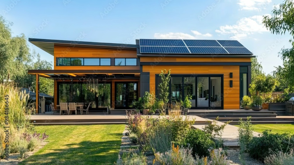 Modern Wooden House with Solar Panels and Lush Greenery Modern Wooden House with Solar Panels and Lush Greenery