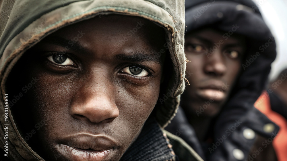 Close-up of African man's face under hood. Intense gaze and weathered skin convey hardship. Another figure visible behind, suggesting shared experience Close-up of African man's face under hood. Intense gaze and weathered skin convey hardship. Another figure visible behind, suggesting shared experience