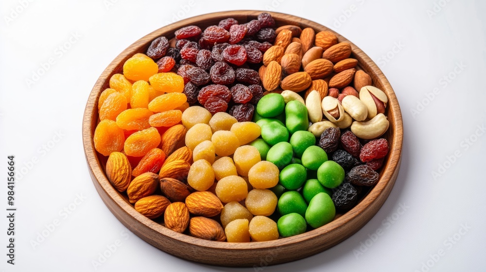 Round tray with an arrangement of dried fruits, nuts, and sweets isolated on a white background Healthy and indulgent iftar treats ready for sharing Round tray with an arrangement of dried fruits, nuts, and sweets isolated on a white background Healthy and indulgent iftar treats ready for sharing