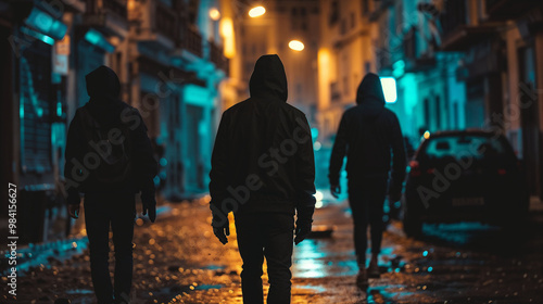 Silhouetted figures walking on wet street. Atmospheric night scene. Urban landscape with neon lights. Mysterious and moody cityscape with potential danger or criminal activity