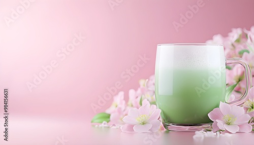 Minimalistic matcha latte scene, floral accent, glass cup with green gradient, 3D illustration