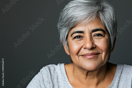 Professional Portrait of a Middle-Aged Hispanic Woman with a Warm Smile, Capturing Confidence and Elegance for Corporate and Business Profiles, Perfect for Leadership, Executive Roles