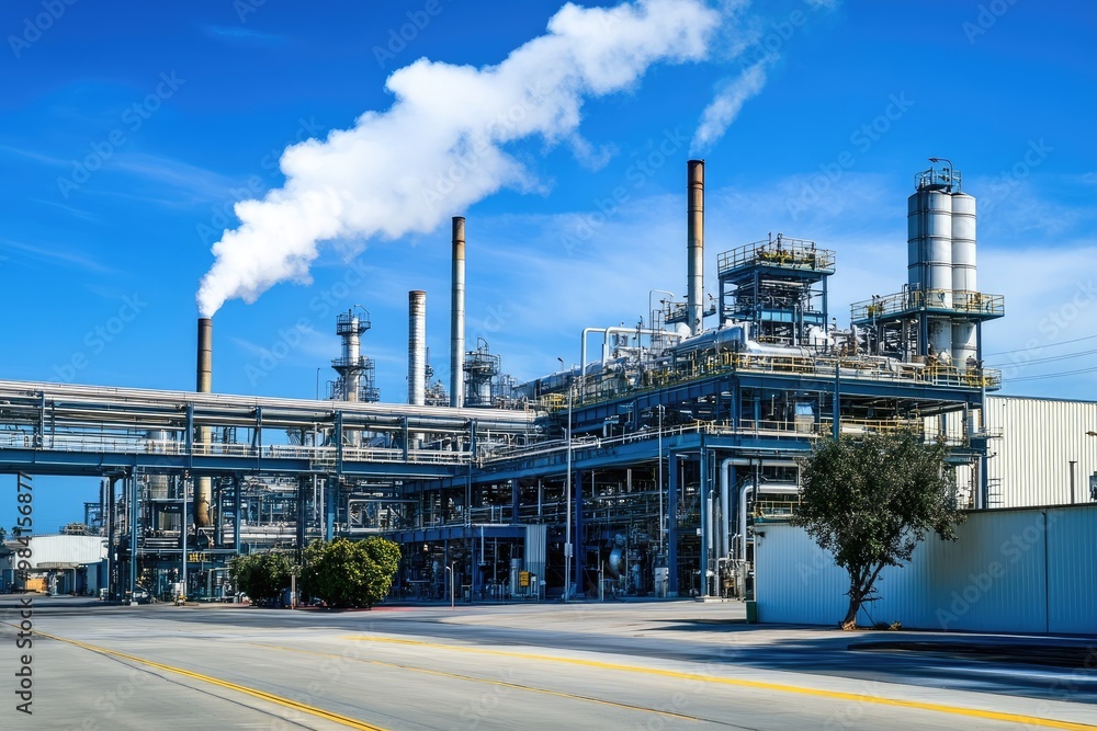 Obraz premium Factories in an industrial zone equipped with pollution control systems to reduce emissions