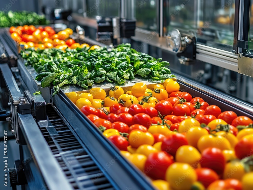 Food industry production, with automated machines sorting and packaging fresh produce Food industry production, with automated machines sorting and packaging fresh produce