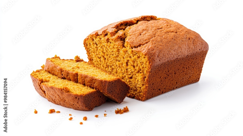 Rustic loaf of pumpkin bread sliced with crumbs scattered isolated on white background warm orange tones comforting fall treat Rustic loaf of pumpkin bread sliced with crumbs scattered isolated on white background warm orange tones comforting fall treat