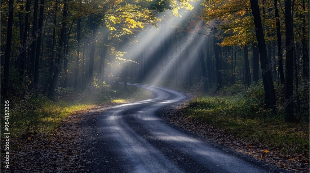 Winding road through a forest with sunlight streaming through generated AI Winding road through a forest with sunlight streaming through generated AI
