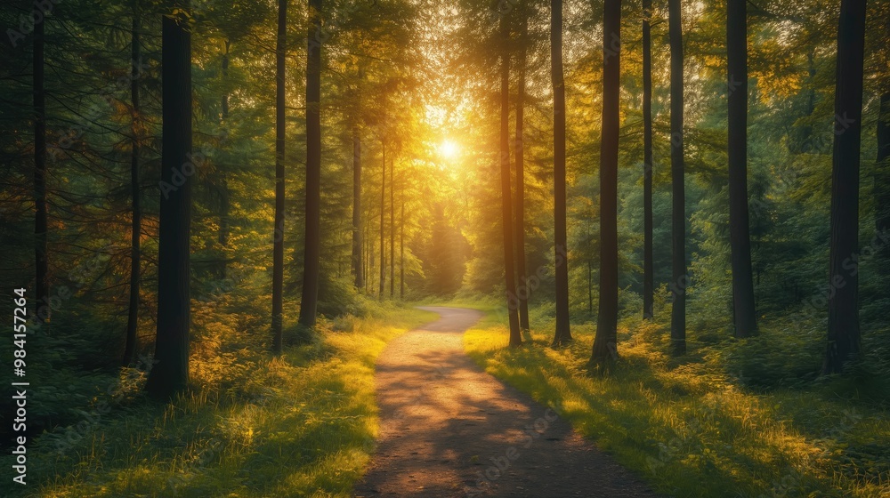 Winding road through a forest with sunlight streaming through generated AI Winding road through a forest with sunlight streaming through generated AI