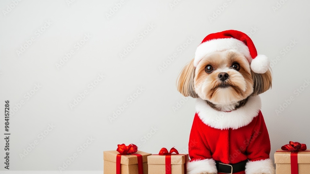 Shih tzu in a Santa coat surrounded by small wrapped gifts isolated on white background festive colors playful energy with empty space for text Shih tzu in a Santa coat surrounded by small wrapped gifts isolated on white background festive colors playful energy with empty space for text