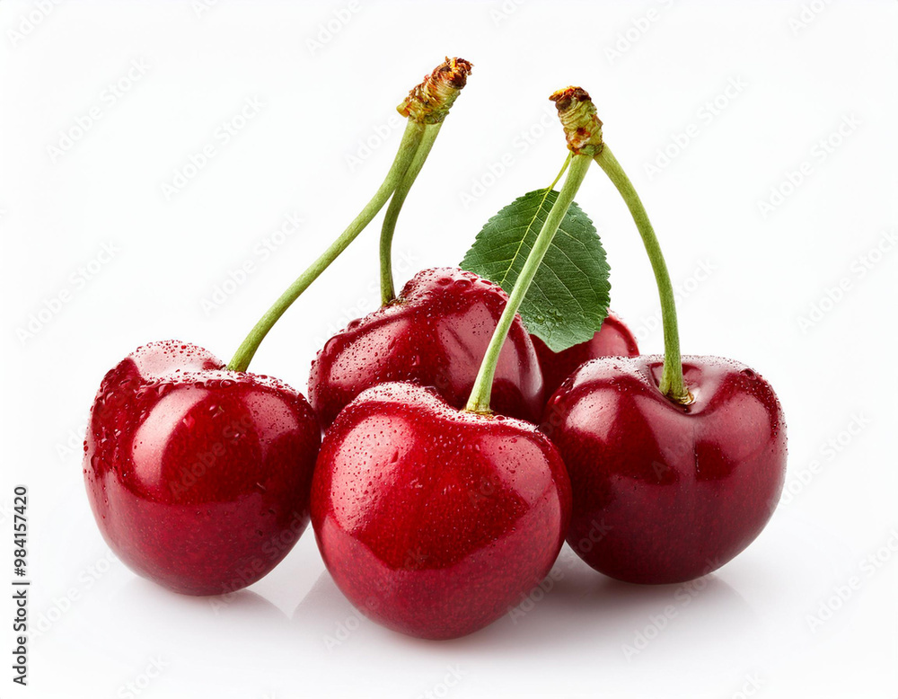 Fresh cherry fruits are stalked. Isolated on white background. Ripe cherries. Fresh cherry fruits are stalked. Isolated on white background. Ripe cherries.