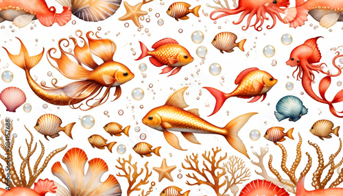  border hand textile bubbles fairy coral batik fantasy painted tale animals background sea fish watercolor lls sea print octopus seamless pattern mermaid fringe white golden mermaid octopus fish sea photo