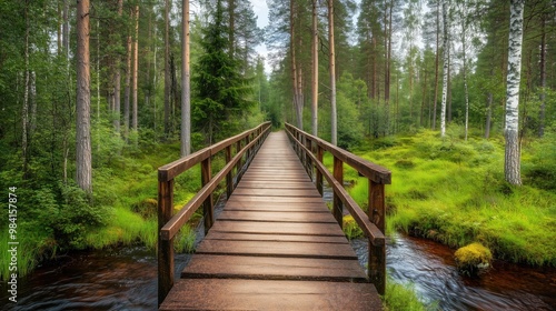 Wooden bridge over a gentle stream in the forest generated AI