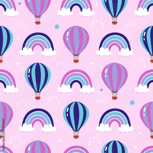 Seamless pattern of balloons and rainbows. Vector graphics.