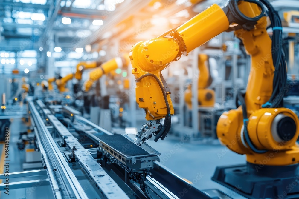 Industry and automation, with robotics handling assembly and quality control in a state-of-the-art facility Industry and automation, with robotics handling assembly and quality control in a state-of-the-art facility