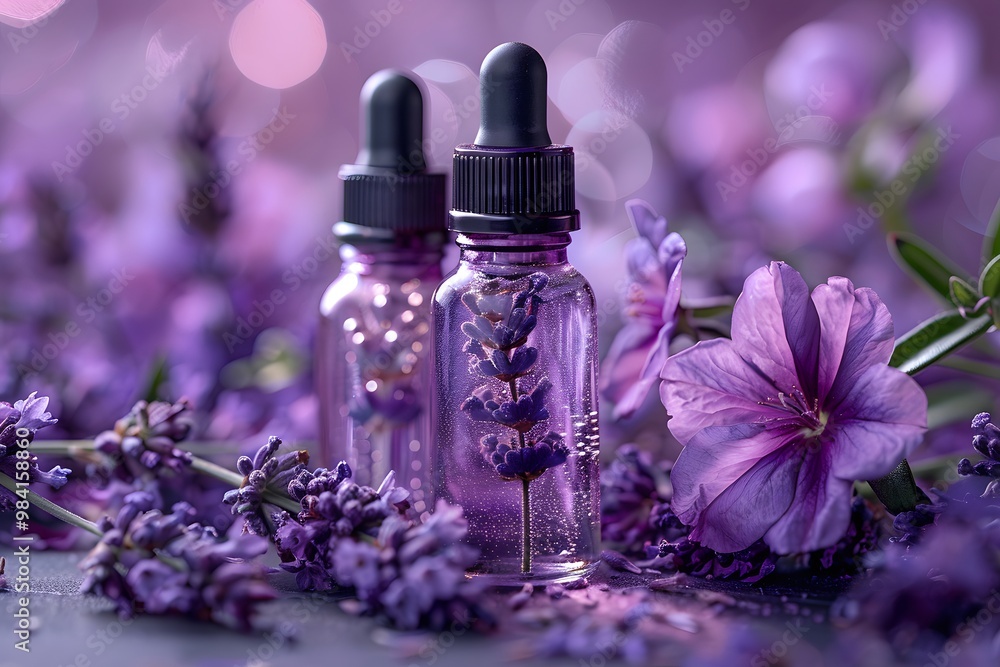 Lavender Essential Oil Bottles Surrounded by Fresh Flowers - Perfect for Aromatherapy and Wellness Design Lavender Essential Oil Bottles Surrounded by Fresh Flowers - Perfect for Aromatherapy and Wellness Design
