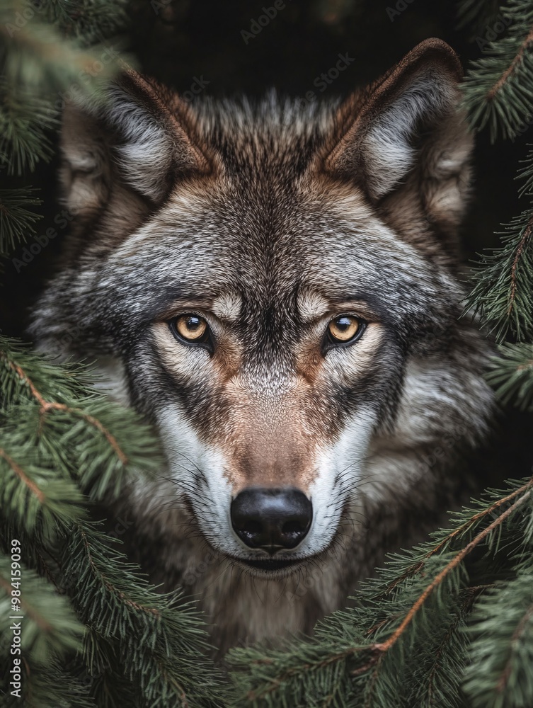 Fototapeta premium A wolf stands and stares at the cold forest. 