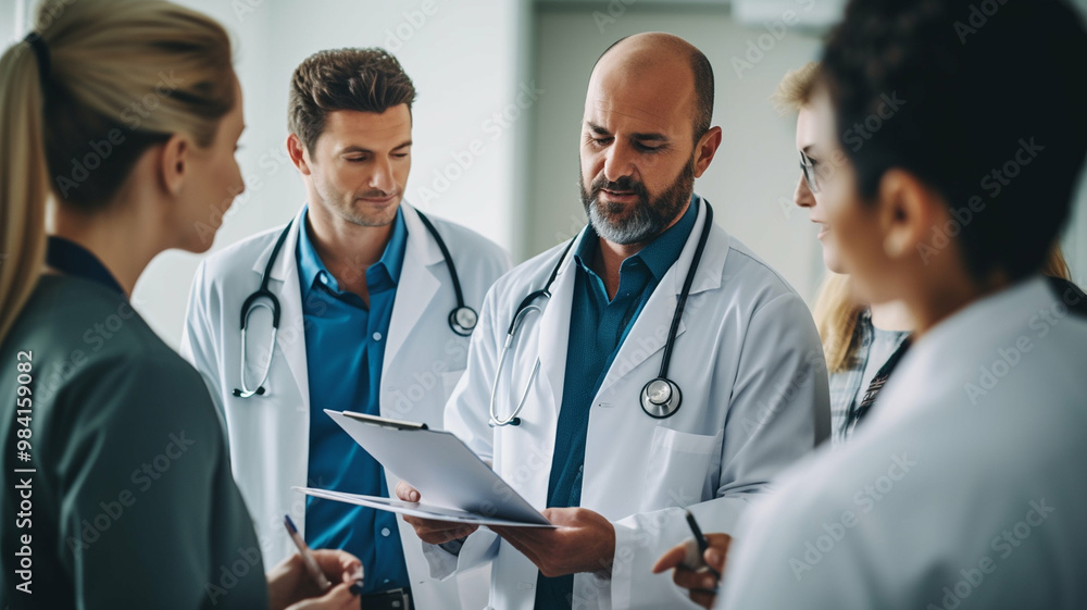 Group of doctors discussing patient information while reviewing notes in a hospital setting. Group of doctors discussing patient information while reviewing notes in a hospital setting.